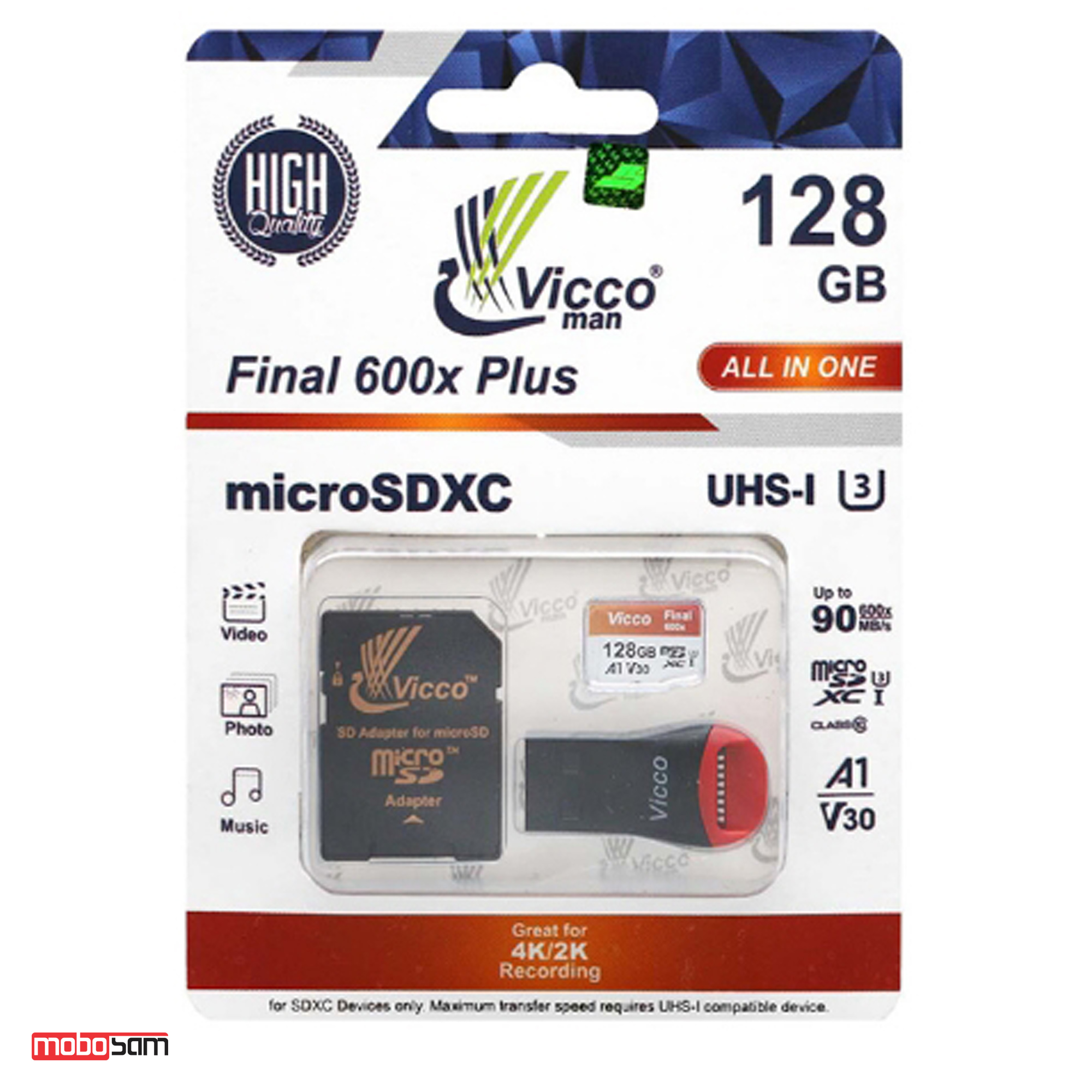 کارت حافظه microSDHC ویکومن مدل Final 600X Plus کلاس 10 استاندارد سرعت 90MBps ظرفیت 128 گیگابایت + رم ریدر و خشاب SD